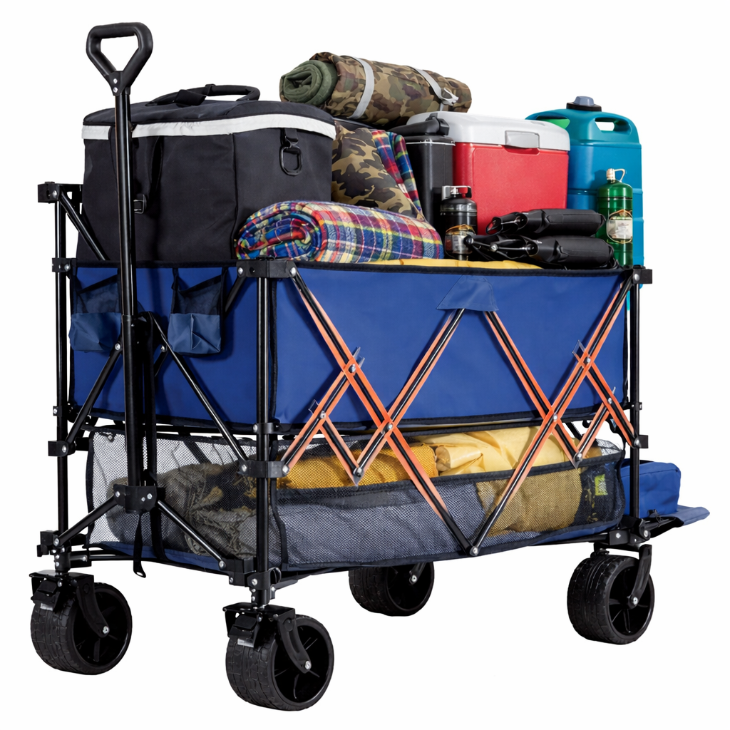 ACCVER Heavy Duty Collapsible Double Decker Wagon - 440LBS Capacity Utility Cart w/ All-Terrain Wheels, Drink Holders for Camping, Beach, Grocery, Sports (Foldable & Portable), Extra Large Blue