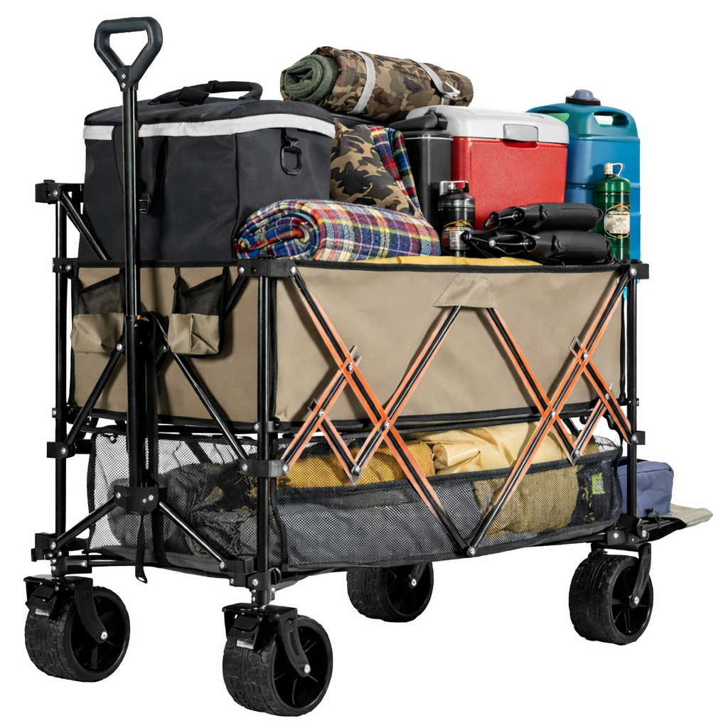 ACCVER Heavy Duty Collapsible Double Decker Wagon - 440LBS Capacity Utility Cart w/ All-Terrain Wheels, Drink Holders for Camping, Beach, Grocery, Sports (Foldable & Portable), Extra Large Brown