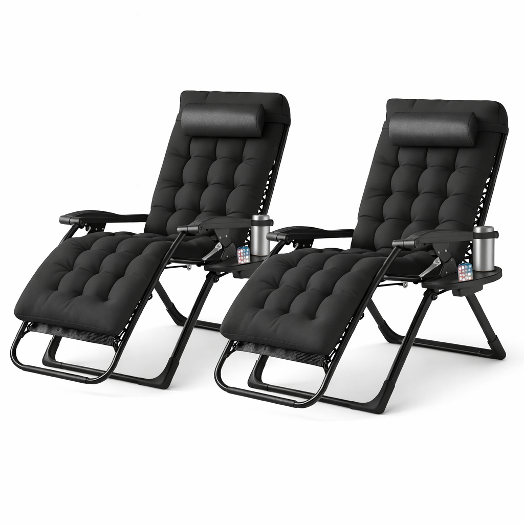 LIFERECORD Zero Gravity Chair Set of 2, Patio Folding Recliner with Removable Cushion Portable Reclining Chairs with Cup Holder Trays for Outdoor, Black