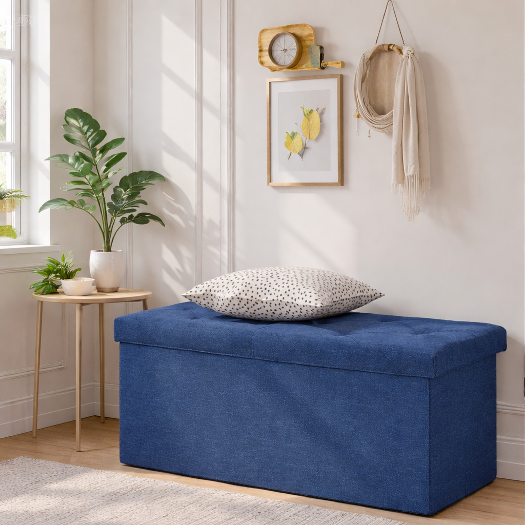 ACCVER 30" Storage Ottoman Bench - Foldable Ottoman Upholstered Entryway Bench, 660lbs Large End of Bed Bench with Storage Chest for Bedroom, Living Room, Blue