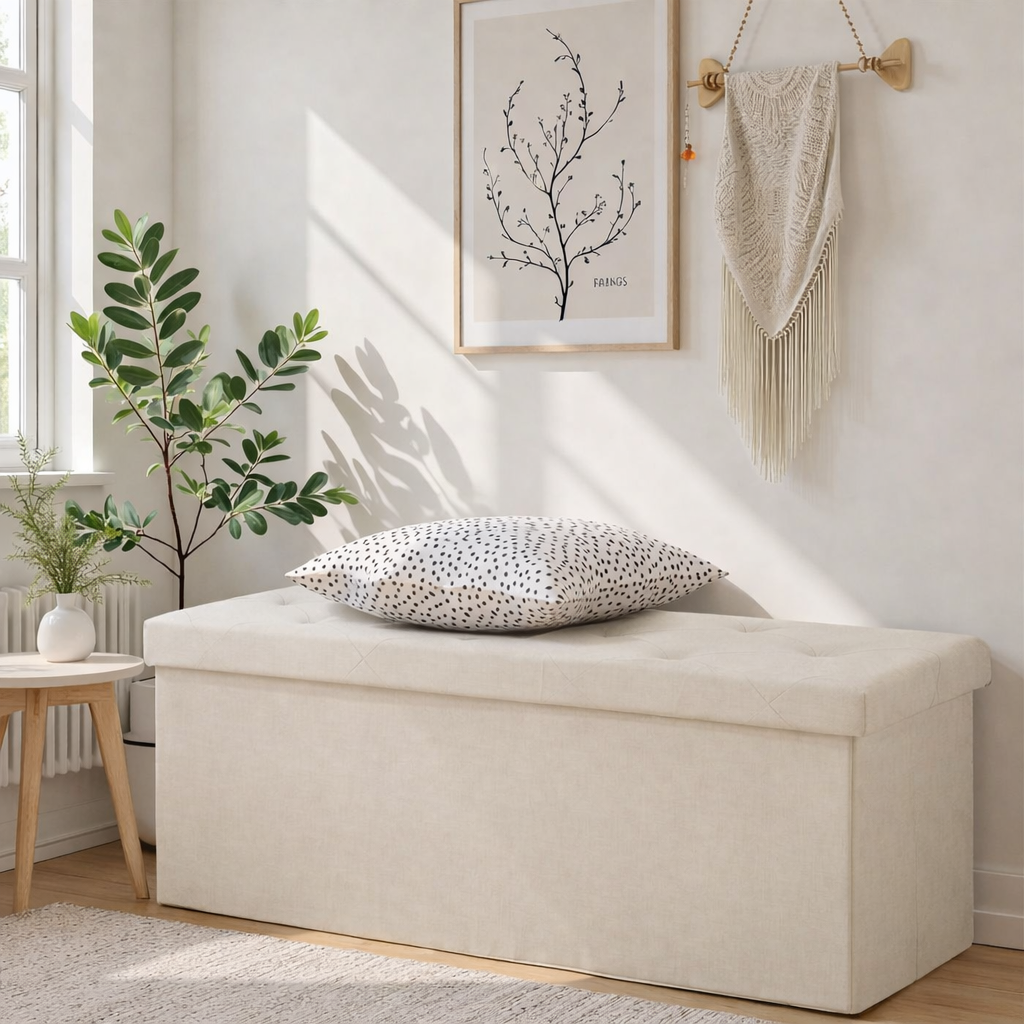 ACCVER 43" Storage Ottoman Bench - Foldable Ottoman Upholstered Entryway Bench, 660lbs Large End of Bed Bench with Storage Chest for Bedroom, Living Room, Beige
