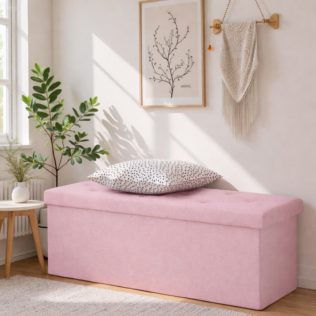 ACCVER 43" Storage Ottoman Bench - Foldable Ottoman Upholstered Entryway Bench, 660lbs Large End of Bed Bench with Storage Chest for Bedroom, Living Room, Pink