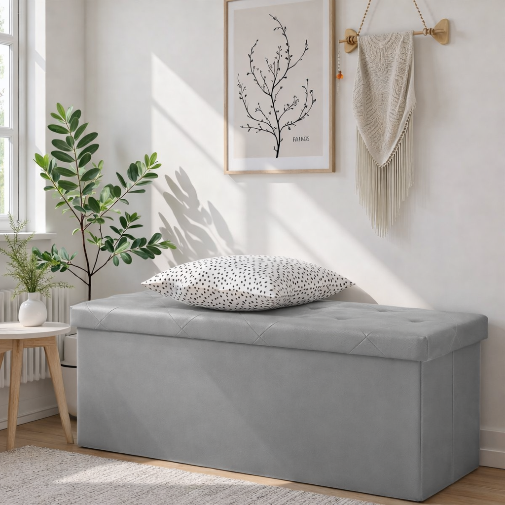 ACCVER 43" Storage Ottoman Bench - Faux Leather Foldable Ottoman Upholstered Entryway Bench, 660lbs Large End of Bed Bench with Storage Chest for Bedroom, Living Room, Grey