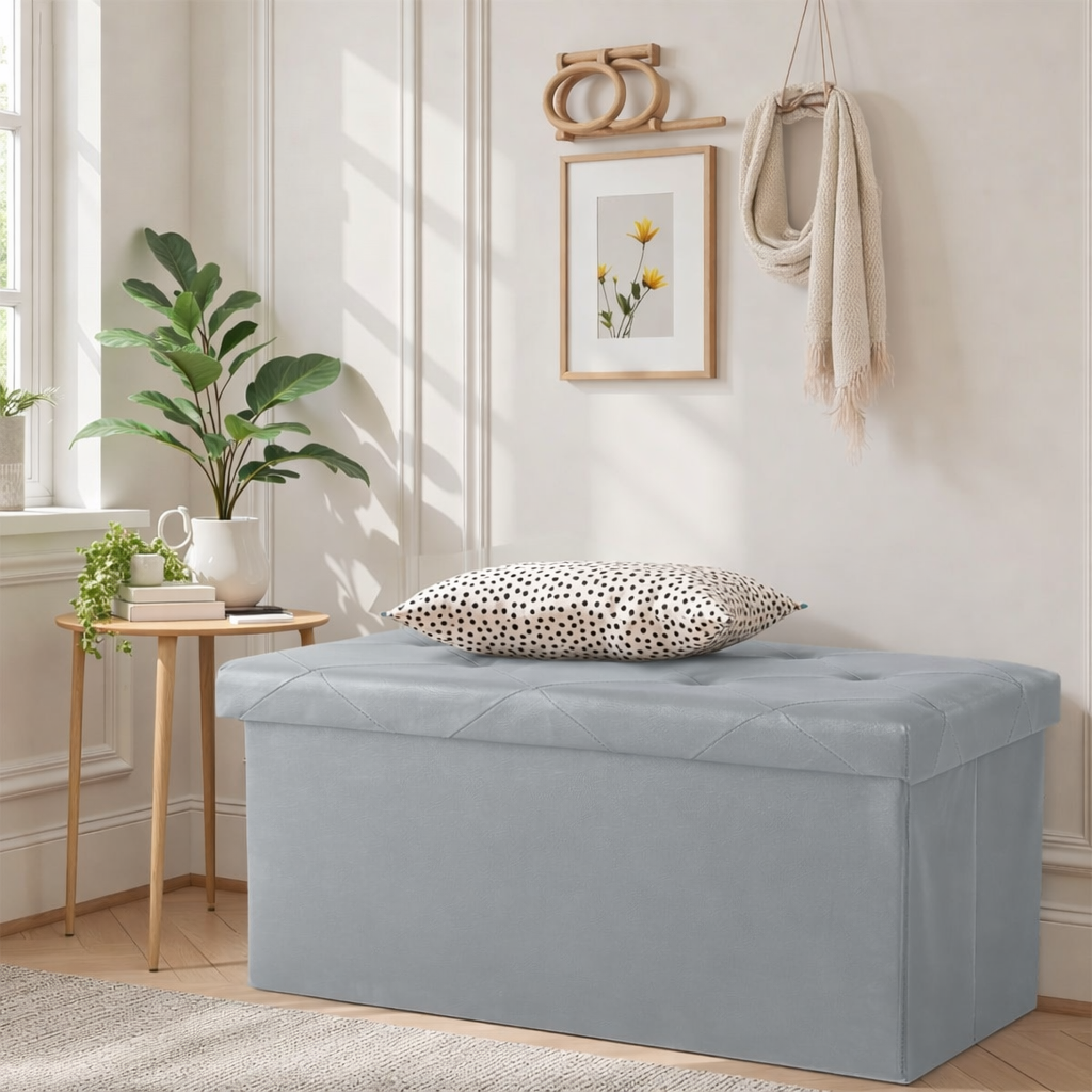 ACCVER 30" Storage Ottoman Bench - Foldable Ottoman Upholstered Entryway Bench, 400lbs Large End of Bed Bench with Storage Chest for Bedroom, Living Room, Grey