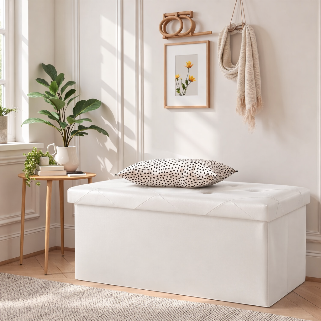 ACCVER 30" Storage Ottoman Bench - Faux Leather Foldable Ottoman Upholstered Entryway Bench, 400lbs Large End of Bed Bench with Storage Chest for Bedroom, Living Room, Beige