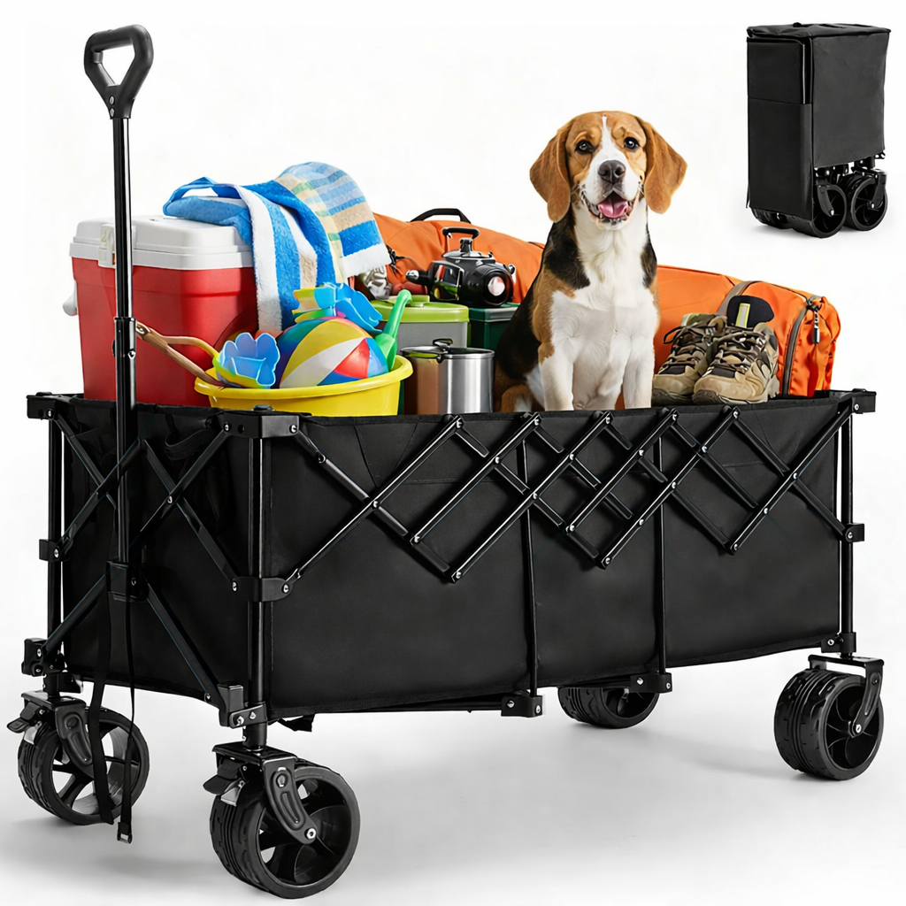ACCVER Heavy Duty Collapsible Wagon Cart - 440LBS Capacity Folding Utility Cart w/ All-Terrain Wheels for Camping, Beach, Grocery, Sports (Foldable & Portable), Extra Large Black
