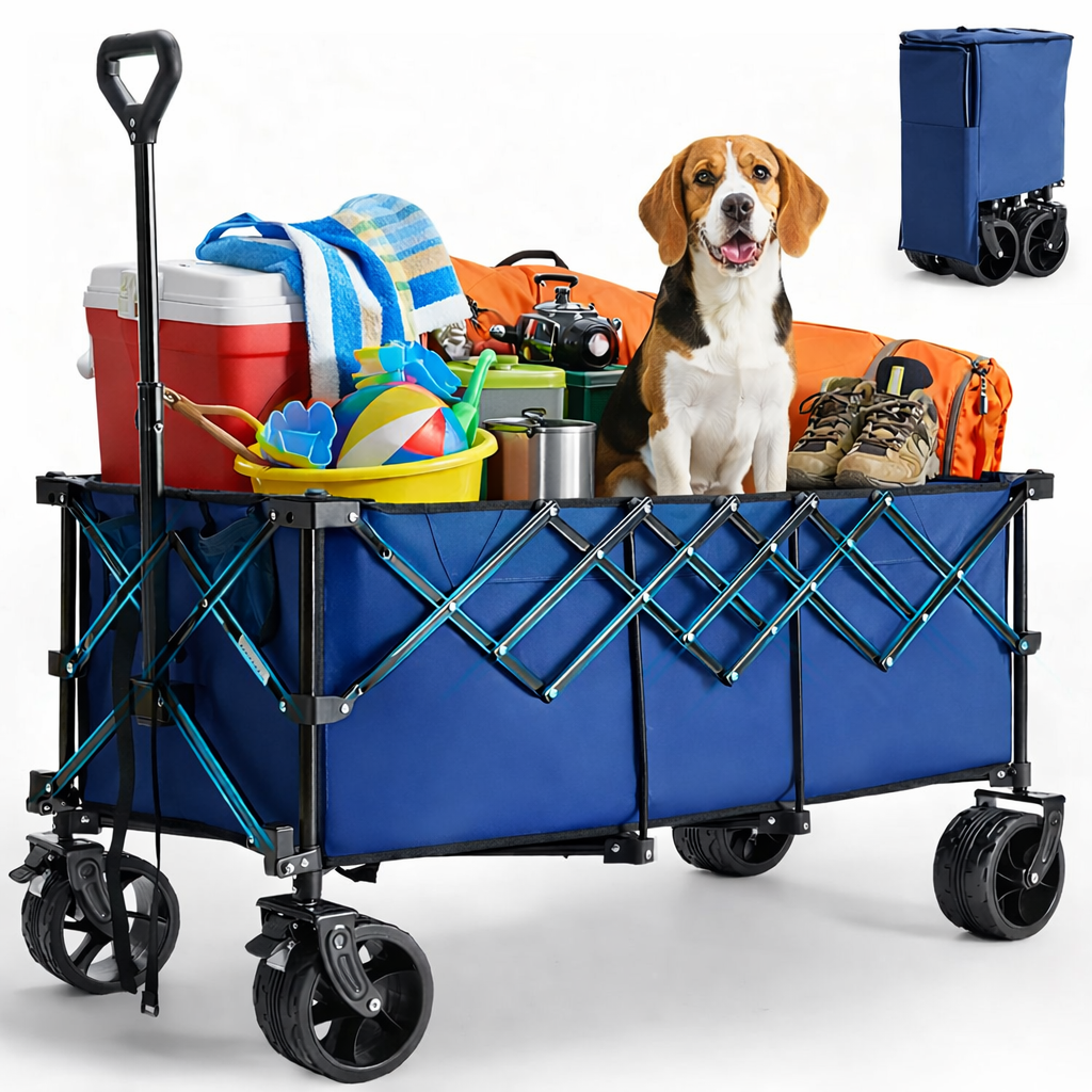 ACCVER Heavy Duty Collapsible Wagon Cart - 440LBS Capacity Folding Utility Cart w/ All-Terrain Wheels for Camping, Beach, Grocery, Sports (Foldable & Portable), Extra Large Blue