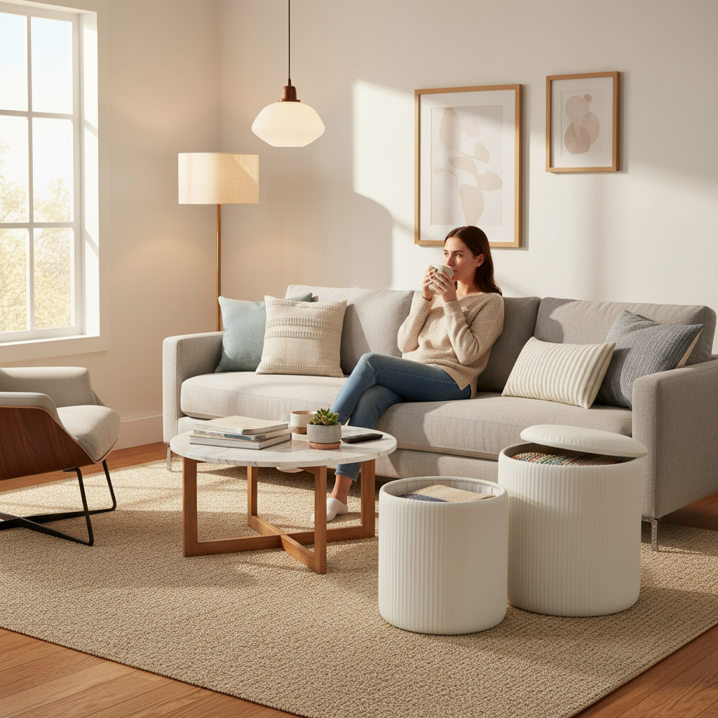 LIFERECORD Round Ottoman with Storage Set of 2, Vanity Stool with Storage for Bedroom, Ottoman Coffee Table,Small Velvet Foot Stool for Living Room, White