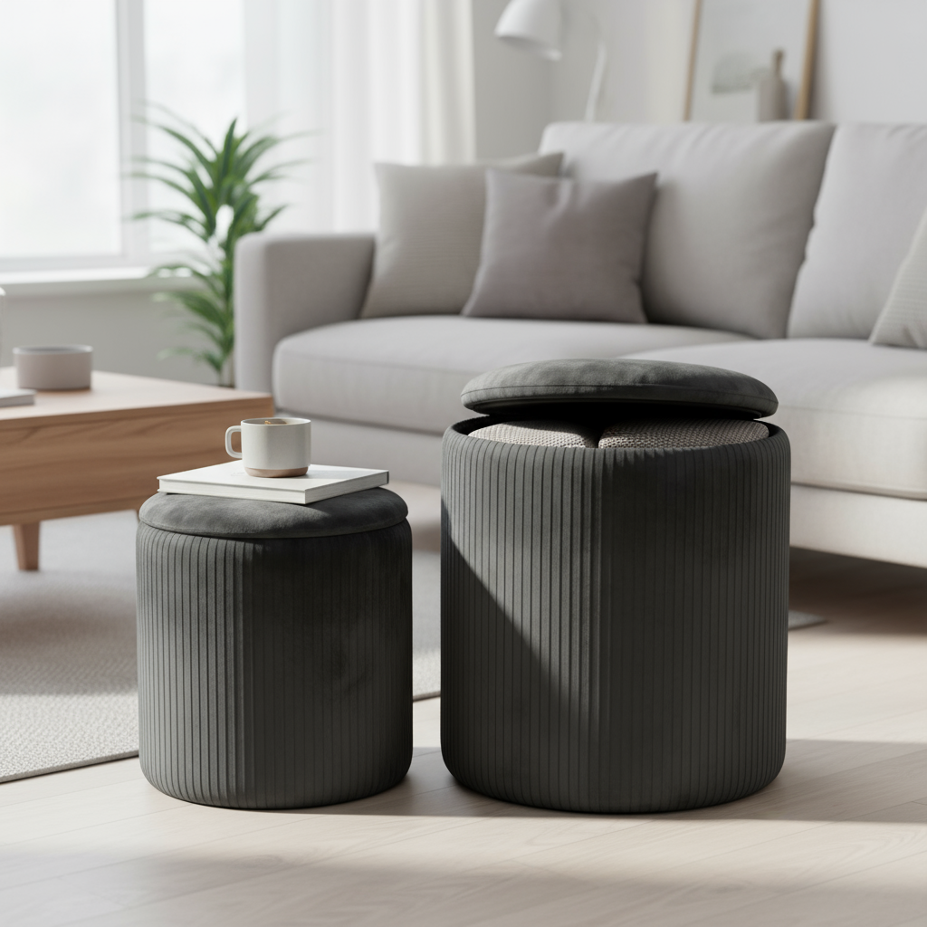 LIFERECORD Round Ottoman with Storage Set of 2, Vanity Stool with Storage for Bedroom, Ottoman Coffee Table,Small Velvet Foot Stool for Living Room, Grey