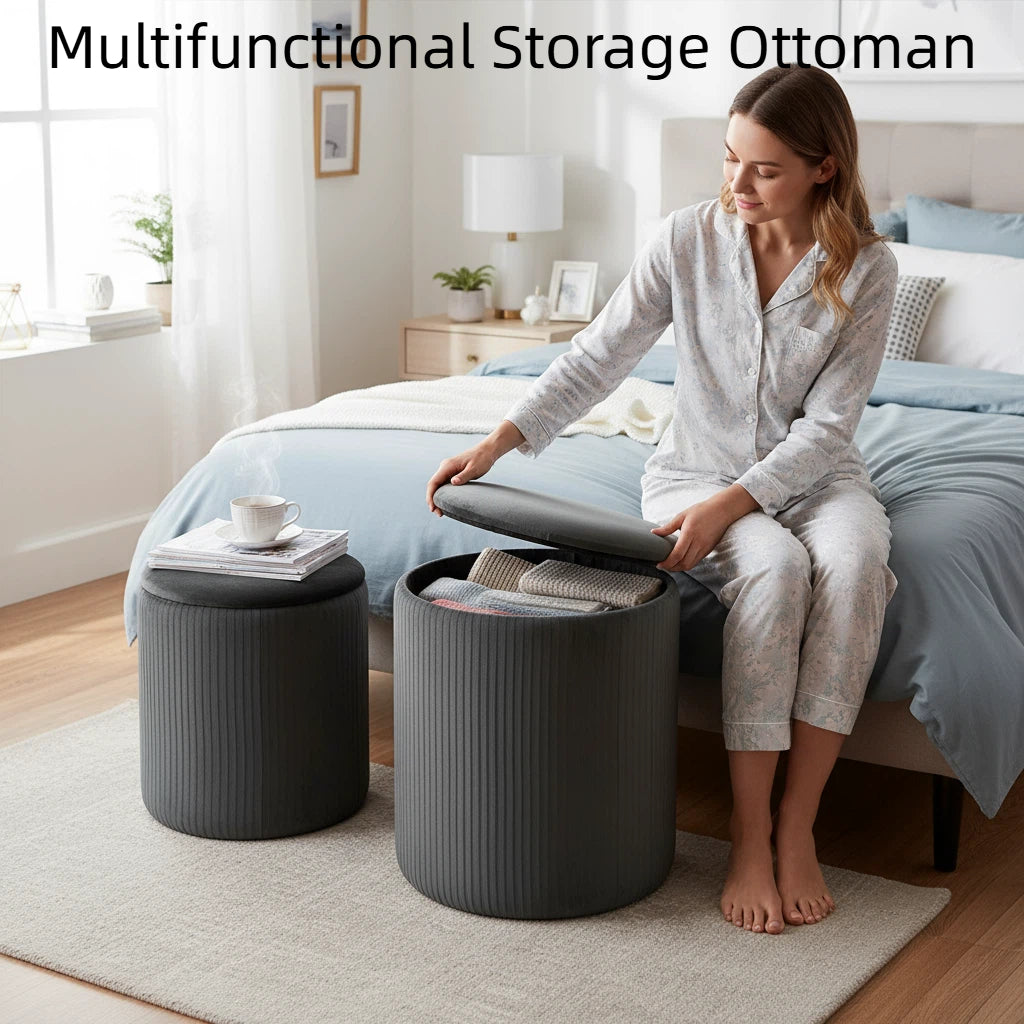 LIFERECORD Round Ottoman with Storage Set of 2, Vanity Stool with Storage for Bedroom, Ottoman Coffee Table,Small Velvet Foot Stool for Living Room, Grey