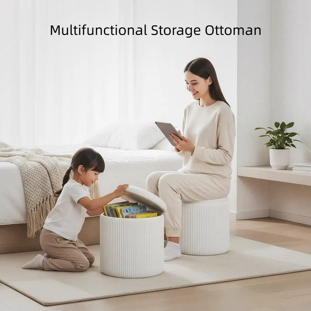 LIFERECORD Round Ottoman with Storage Set of 2, Vanity Stool with Storage for Bedroom, Ottoman Coffee Table,Small Velvet Foot Stool for Living Room, White