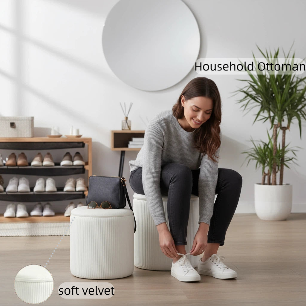 LIFERECORD Round Ottoman with Storage Set of 2, Vanity Stool with Storage for Bedroom, Ottoman Coffee Table,Small Velvet Foot Stool for Living Room, White