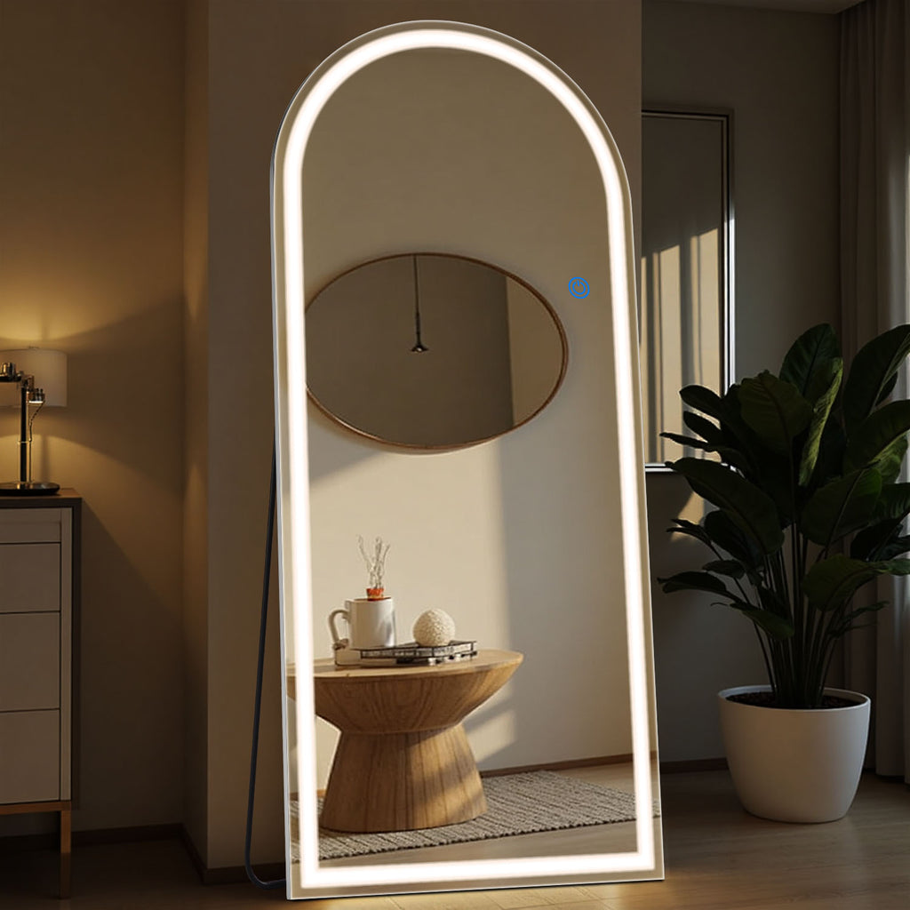 ACCVER 26"x71" Full Length Standing Mirror w/LED Lights - 3 Color Modes, Durable Tempered Glass, Lean-to or Wall Mount for Bedroom/Dressing Room/Living Room, Arhced