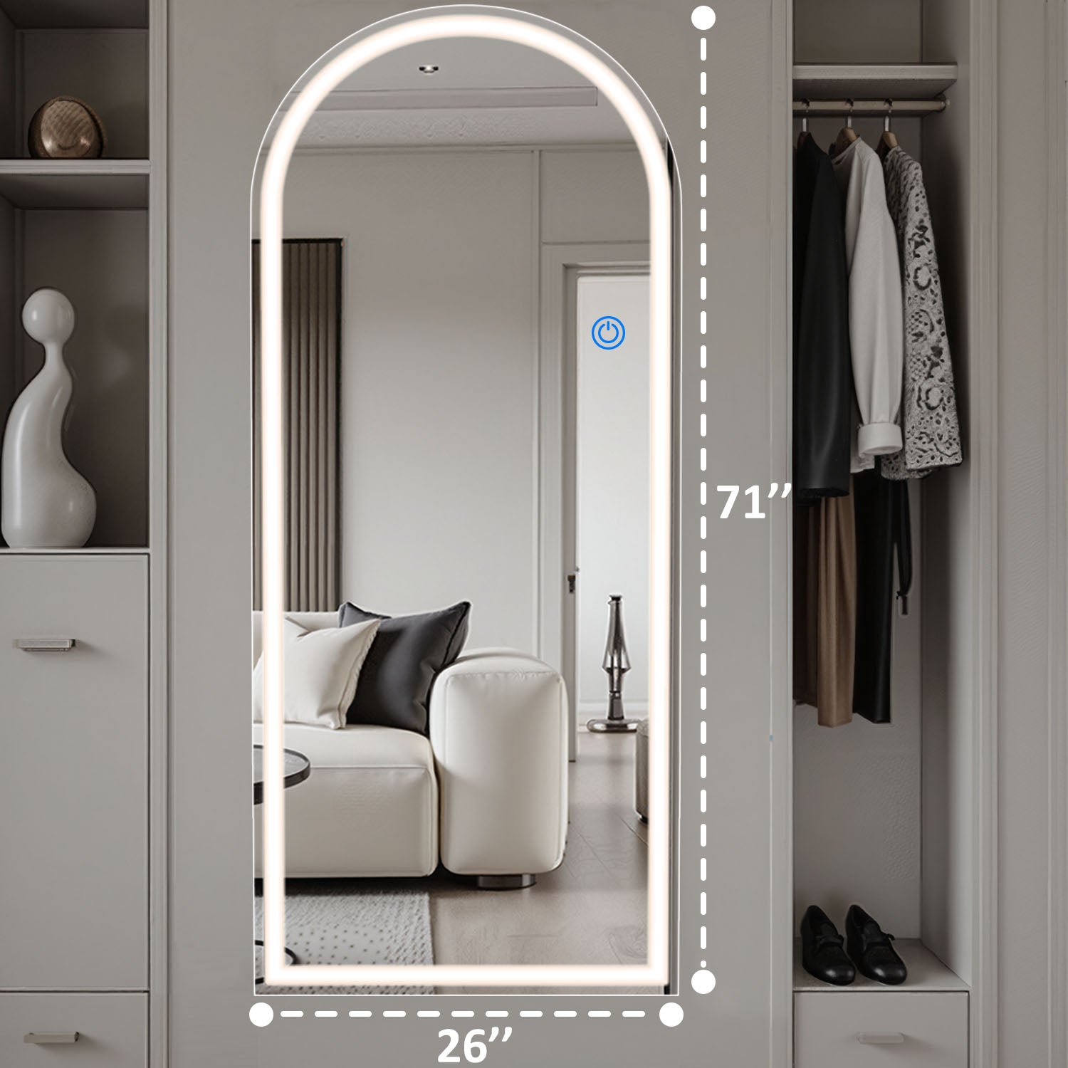 ACCVER 26"x71" Full Length Standing Mirror w/LED Lights - 3 Color Modes, Durable Tempered Glass, Lean-to or Wall Mount for Bedroom/Dressing Room/Living Room, Arhced