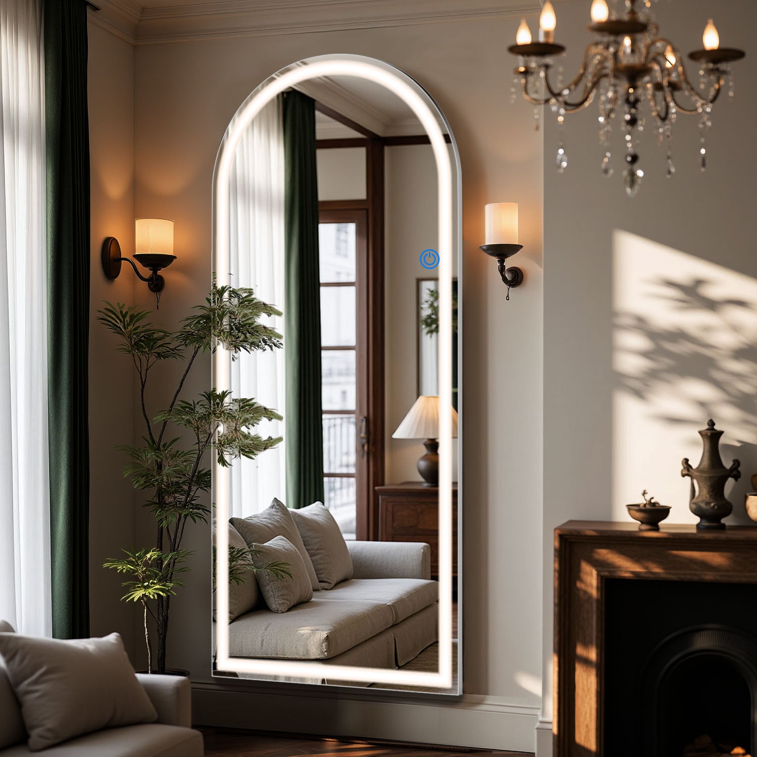 ACCVER 21"x64" Full Length Standing Mirror w/LED Lights - 3 Color Modes, Durable Tempered Glass, Lean-to or Wall Mount for Bedroom/Dressing Room/Living Room, Arched