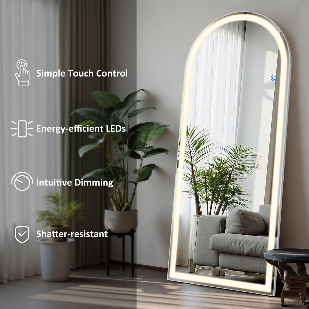 ACCVER 21"x64" Full Length Standing Mirror w/LED Lights - 3 Color Modes, Durable Tempered Glass, Lean-to or Wall Mount for Bedroom/Dressing Room/Living Room, Arched