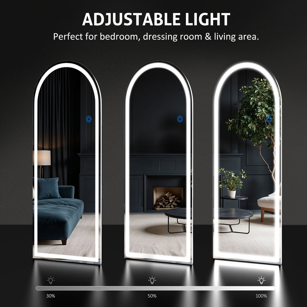 ACCVER 21"x64" Full Length Standing Mirror w/LED Lights - 3 Color Modes, Durable Tempered Glass, Lean-to or Wall Mount for Bedroom/Dressing Room/Living Room, Arched