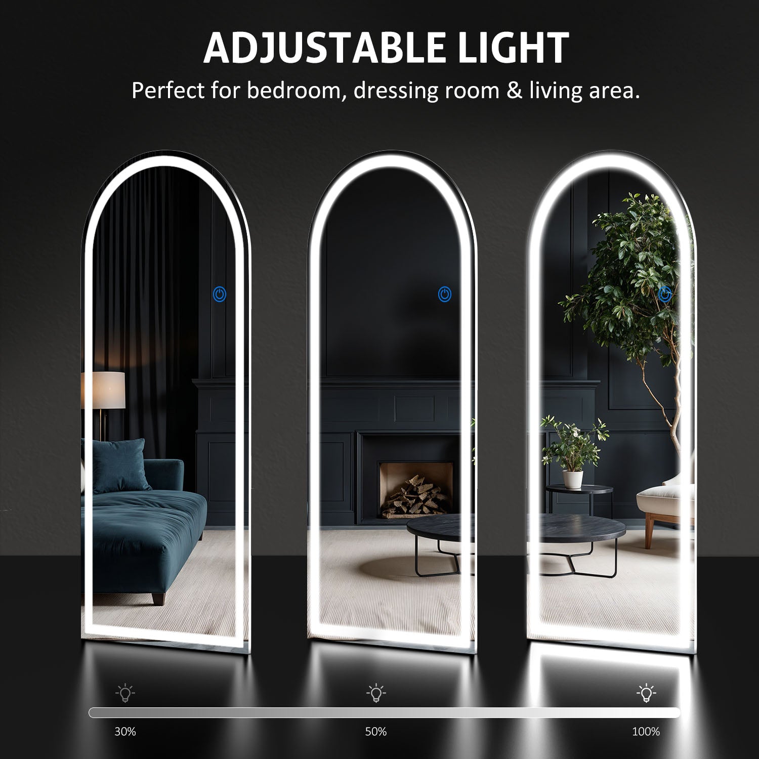 ACCVER 21"x64" Full Length Standing Mirror w/LED Lights - 3 Color Modes, Durable Tempered Glass, Lean-to or Wall Mount for Bedroom/Dressing Room/Living Room, Arched