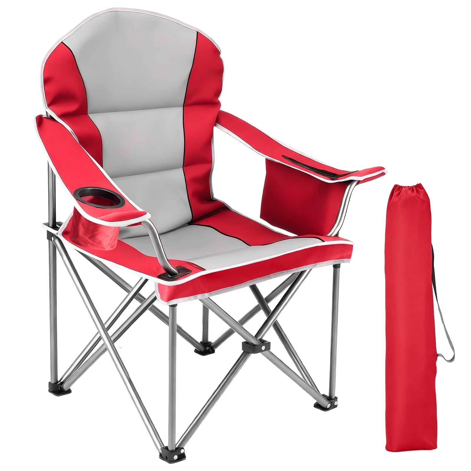 ACCVER 500 LBS Capacity Oversized Camping Chair - Heavy Duty Folding Chair, Cup Holder, Storage Pocket & Built-in Cooler Bag, Portable Steel Frame for Lawn, Beach, Tailgating - Red & Grey