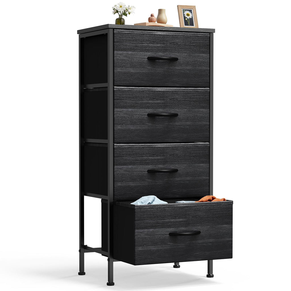 ACCVER Dresser for Bedroom 4 Storage drawer, Fabric Closet Chests Organizer Tower with Wooden Top Metal Frame for Living Room Hallway Entryway, Black Wood