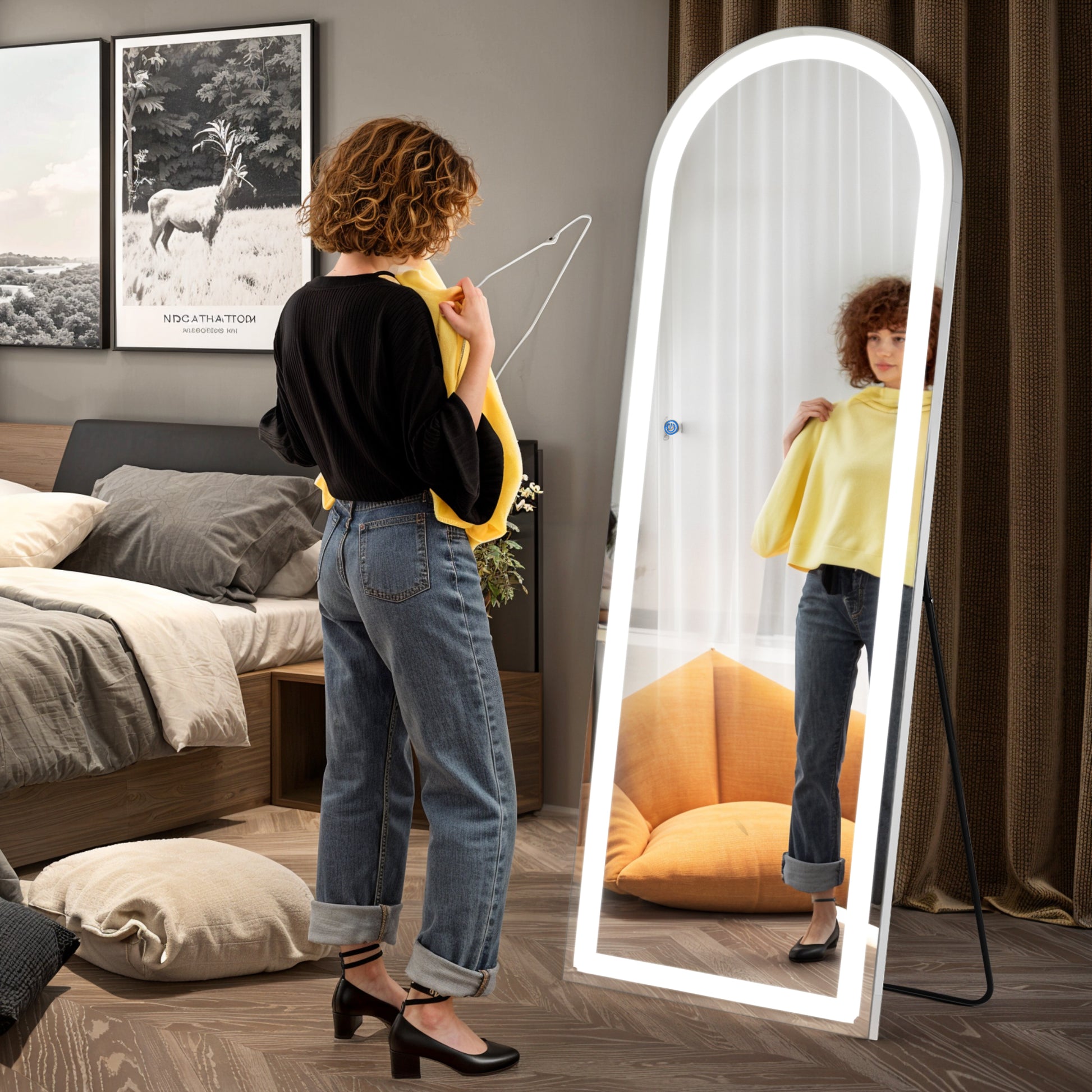ACCVER 16"x60" Full Length Standing Mirror w/LED Lights - 3 Color Modes, Durable Aluminum Frame & Tempered Glass, Lean-to or Wall Mount for Bedroom/Dressing Room/Living Room, Arched