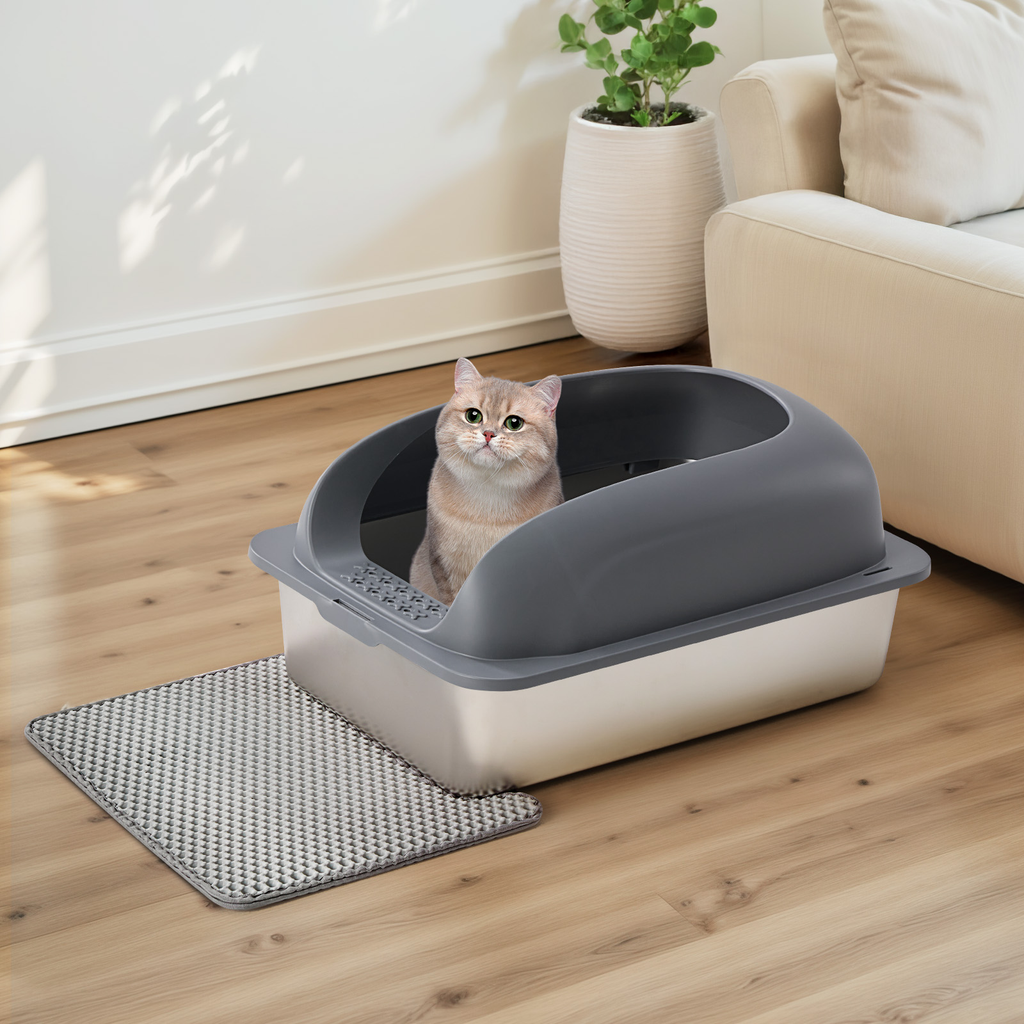 LIFERECORD Stainless Steel Cat Litter Box, Large Metal Cat Litter Box, Scoop and Mat Included, Easy to Clean and Odor Resistant for Multiple Cats, Dark Gray