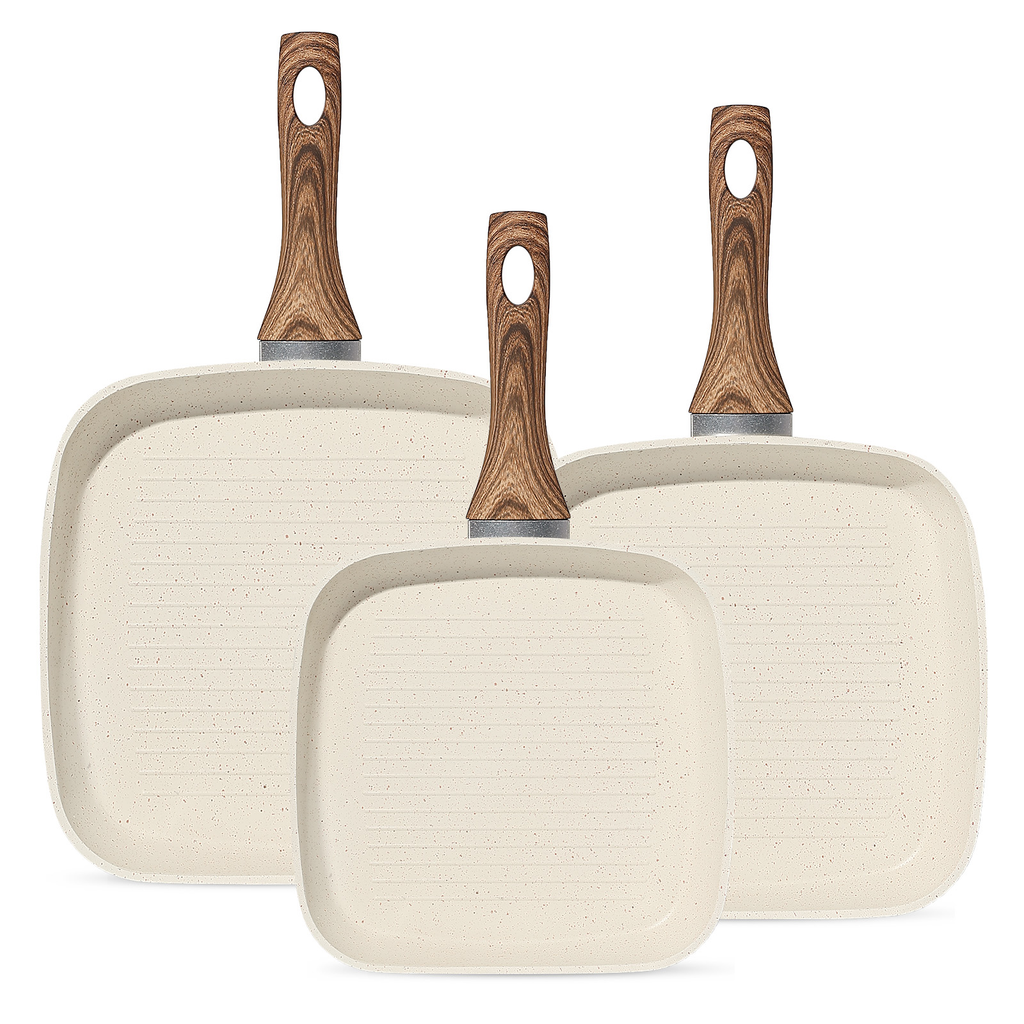 LIFERECORD Non Stick 3-Piece Kitchen Frying pan Skillet Set, 3 Piece Square Grill Pans (9.5", 10", 11") with Removable Handle, Compatible with All Stovetops, Beige