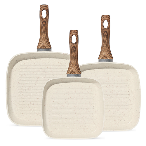 LIFERECORD Non Stick 3-Piece Kitchen Frying pan Skillet Set, 3 Piece Square Grill Pans (9.5", 10", 11") with Removable Handle, Compatible with All Stovetops, Beige
