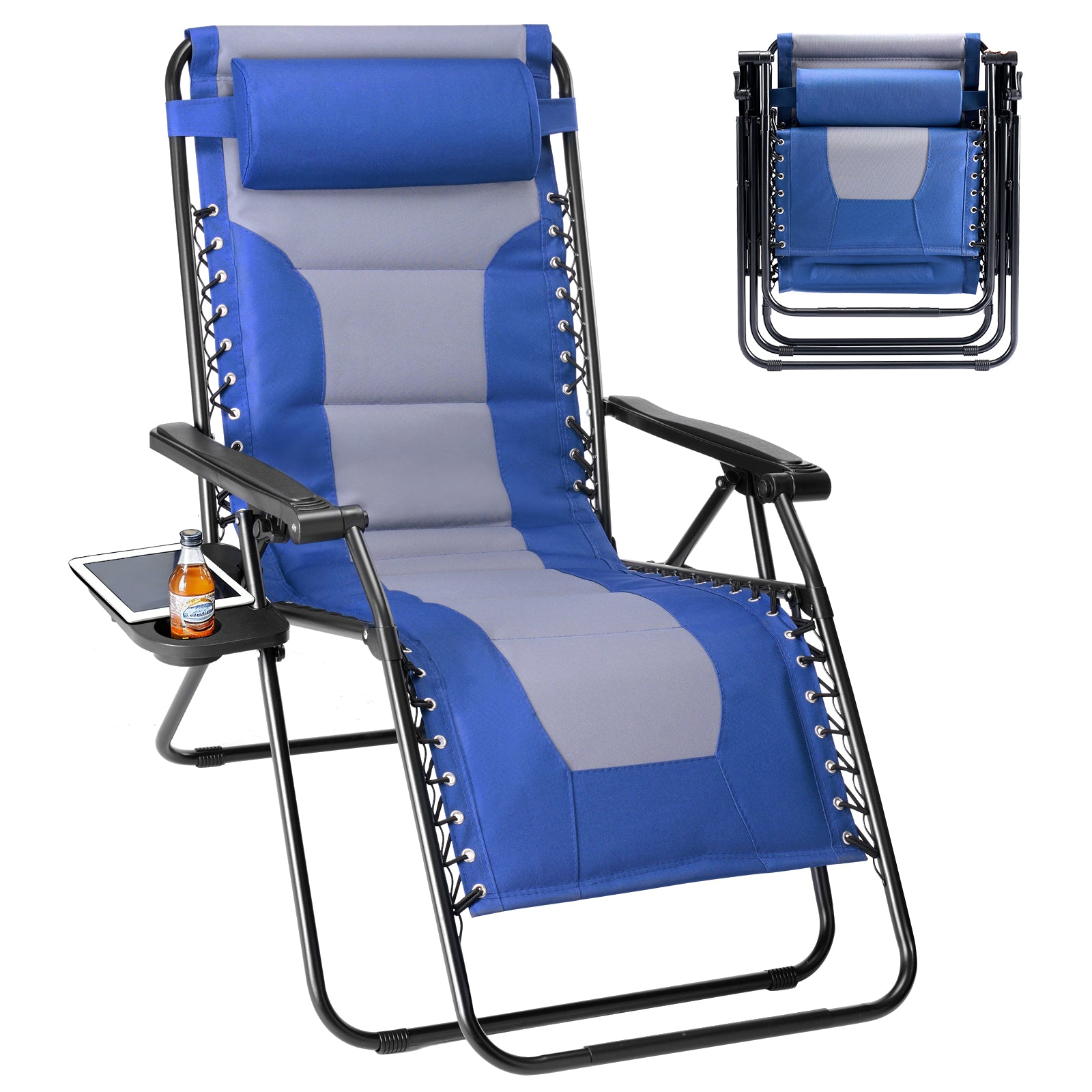 LIFERECORD Zero Gravity Chair Set of 2, Patio Folding Recliner with Headrest Portable Reclining Chairs with Cup Holder Trays for Outdoor, Blue & Grey