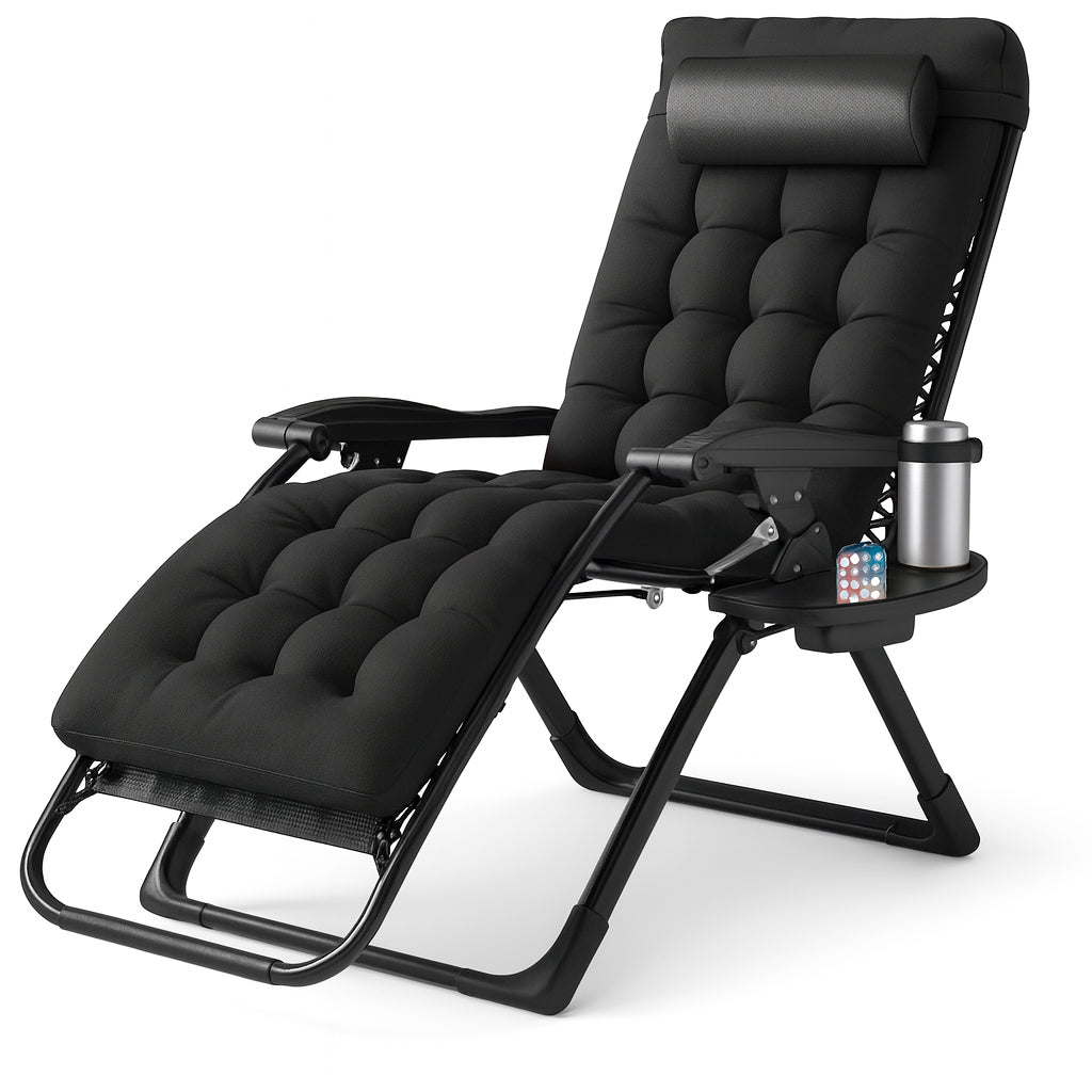 LIFERECORD Zero Gravity Chair, Patio Folding Recliner with Removable Cushion Portable Reclining Chairs with Cup Holder Trays for Outdoor, Black