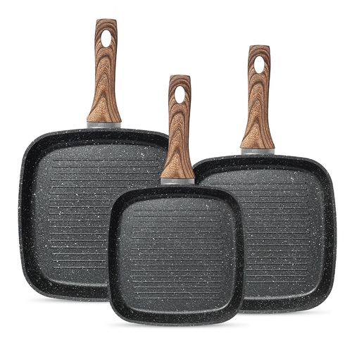 LIFERECORD Non Stick 3-Piece Kitchen Frying pan Skillet Set, 3 Piece Square Grill Pans (9.5", 10", 11") with Removable Handle, Compatible with All Stovetops, Black
