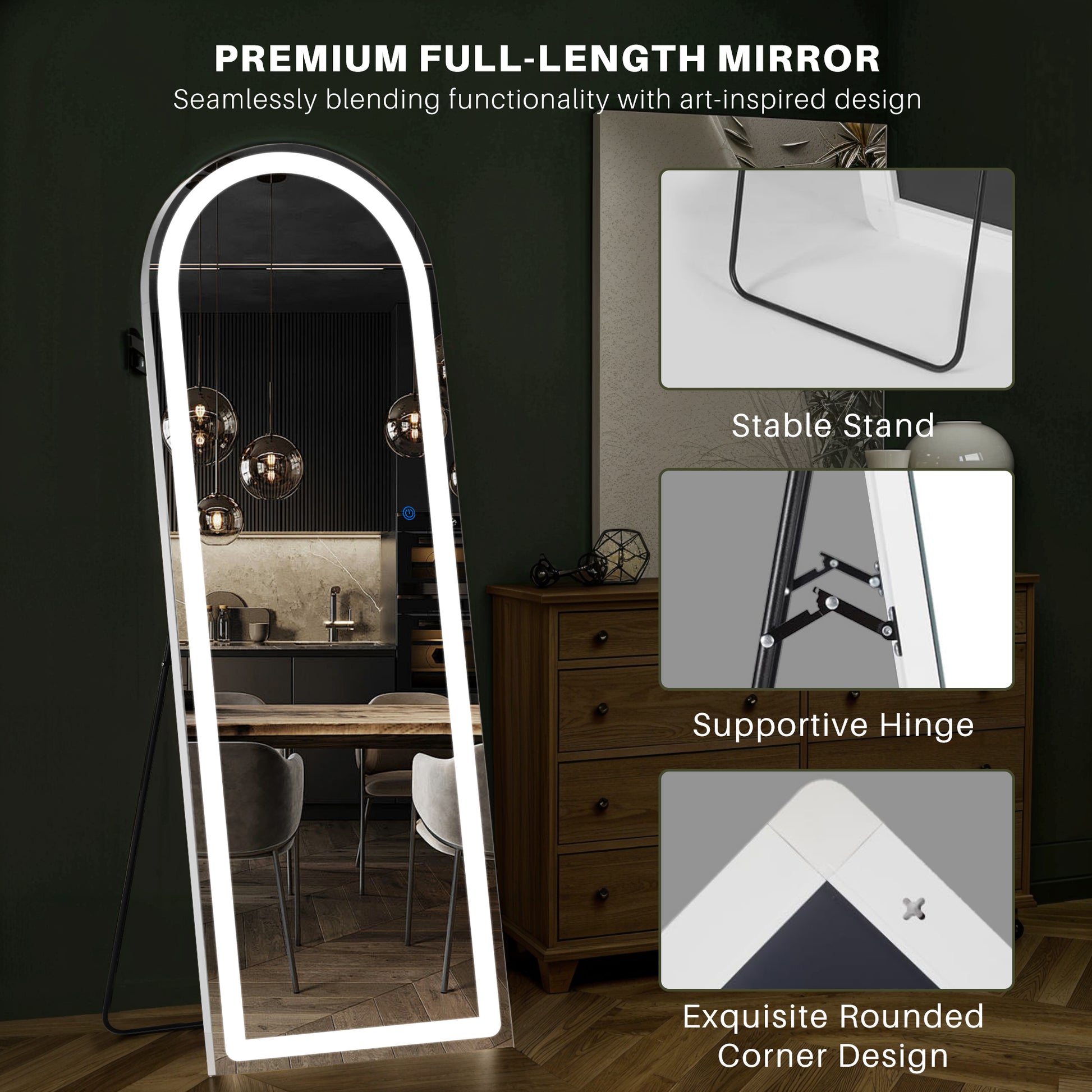 ACCVER 16"x60" Full Length Standing Mirror w/LED Lights - 3 Color Modes, Durable Aluminum Frame & Tempered Glass, Lean-to or Wall Mount for Bedroom/Dressing Room/Living Room, Arched