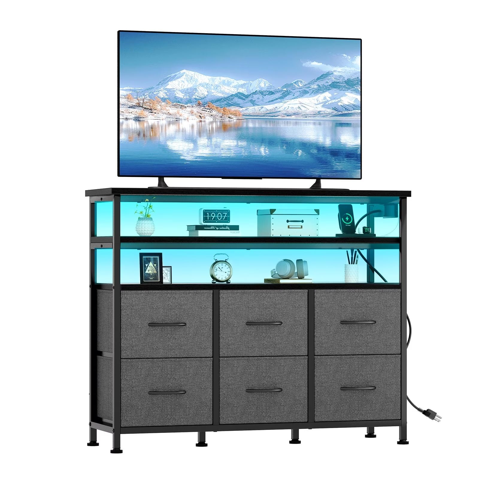 ACCVER Dresser for Bedroom TV Stand with Storage Entertainment Center Dresser with 6 Fabric Drawers with Open Storage Shelf for Bedroom Living Room Hallway