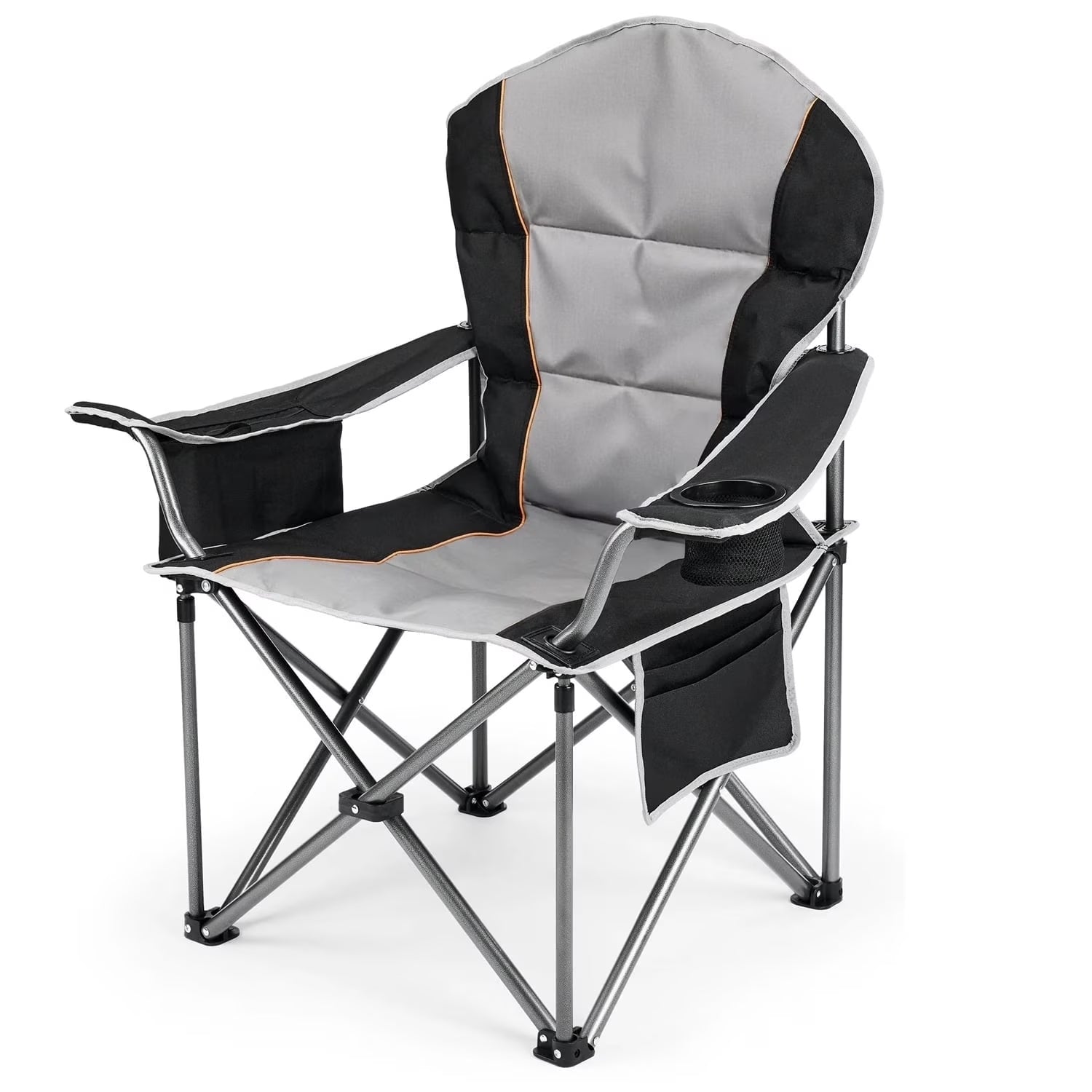 ACCVER 500 LBS Capacity Oversized Camping Chair - Heavy Duty Folding Chair, Cup Holder, Storage Pocket & Built-in Cooler Bag, Portable Steel Frame for Lawn, Beach, Tailgating - Black & Grey