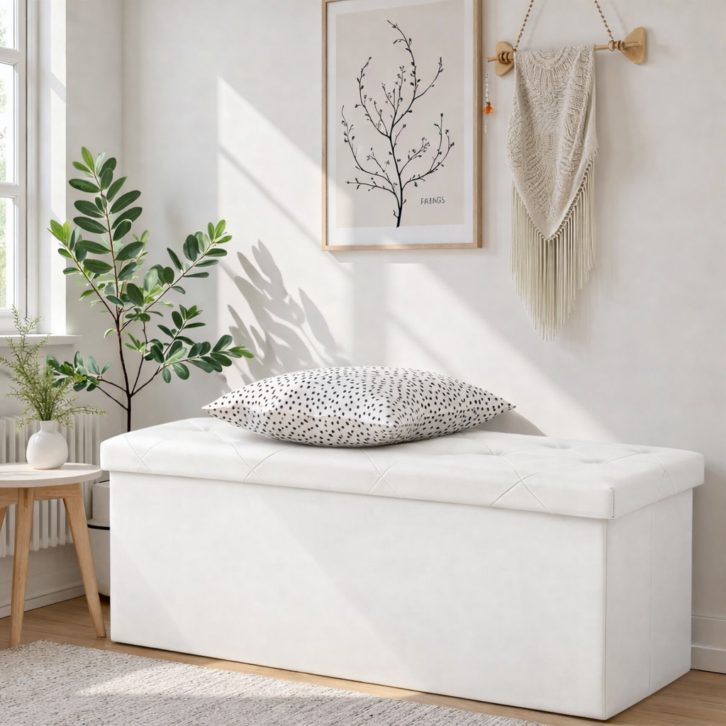 ACCVER 43" Storage Ottoman Bench - Faux Leather Foldable Ottoman Upholstered Entryway Bench, 660lbs Large End of Bed Bench with Storage Chest for Bedroom, Living Room, Beige