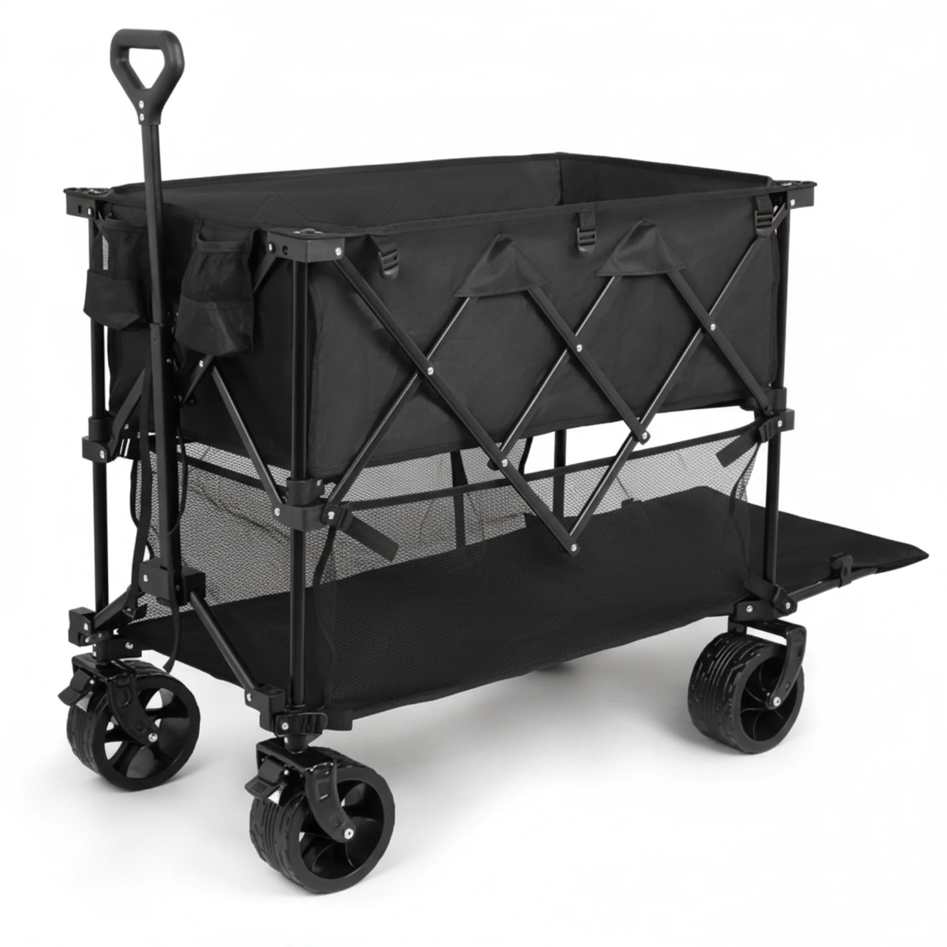ACCVER Heavy Duty Collapsible Double Decker Wagon - 440LBS Capacity Utility Cart w/ All-Terrain Wheels, Drink Holders for Camping, Beach, Grocery, Sports (Foldable & Portable), Extra Large Black