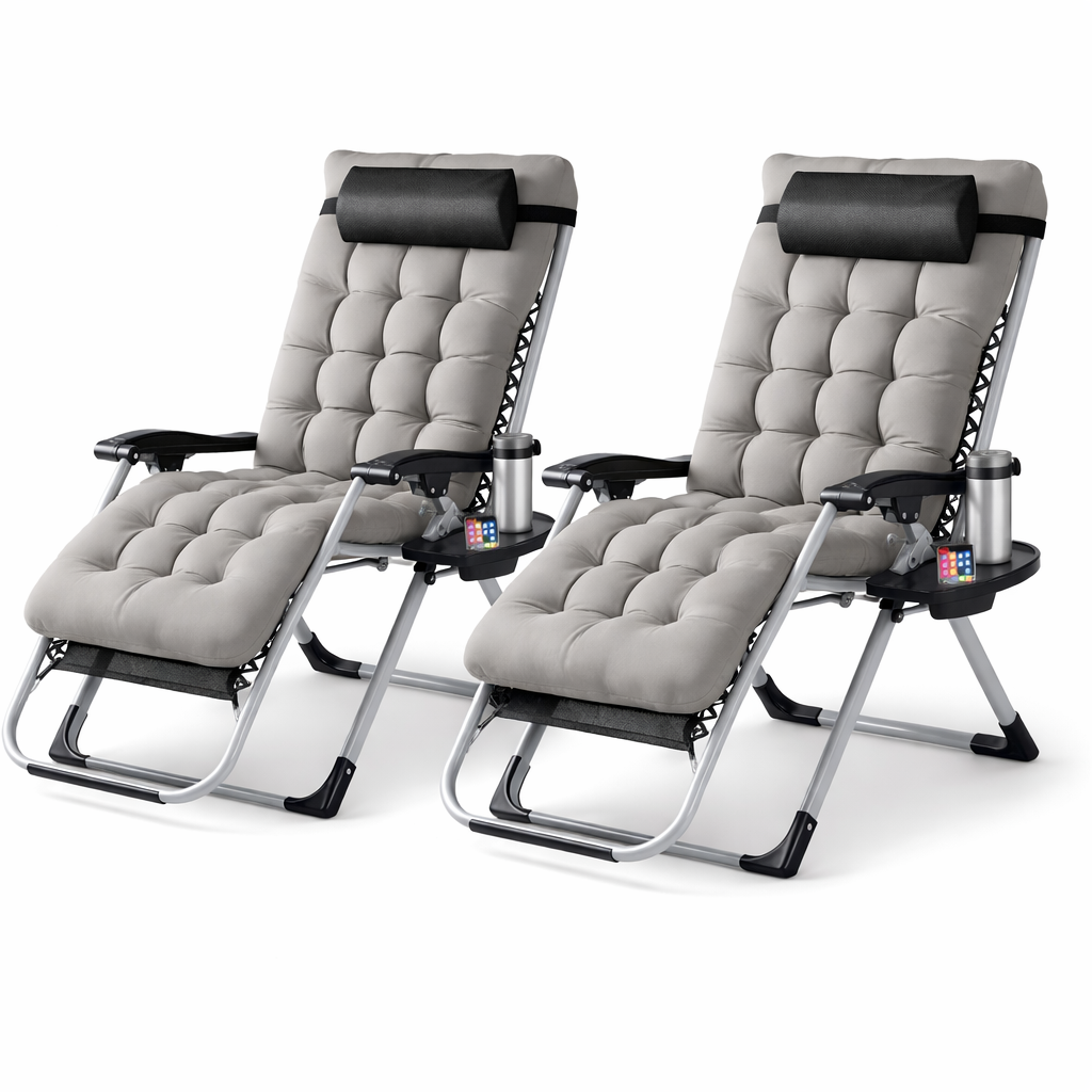 LIFERECORD Zero Gravity Chair Set of 2, Patio Folding Recliner with Removable Cushion Portable Reclining Chairs with Cup Holder Trays for Outdoor, Grey