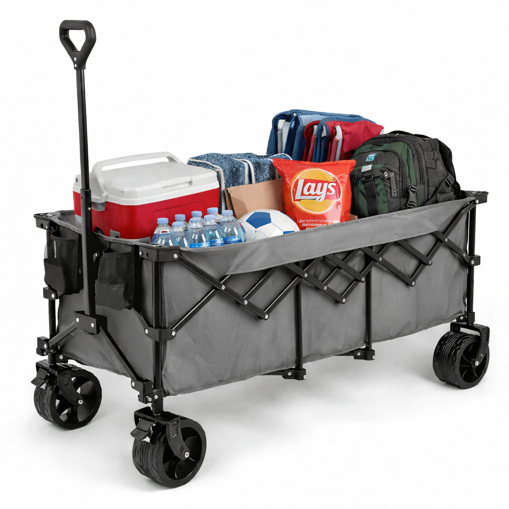 ACCVER Heavy Duty Collapsible Wagon Cart - 440LBS Capacity Folding Utility Cart w/ All-Terrain Wheels, Drink Holders for Camping, Beach, Grocery, Sports (Foldable & Portable), Extra Large Grey