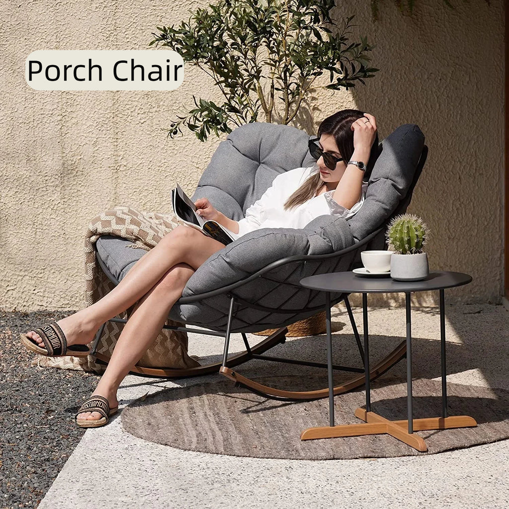 ACCVER Outdoor Rocking Chair E-Coated Rocking Chair with Cushion Outdoor Rocker Recliner Chair for Patio Porch Garden Backyard, Light Gray