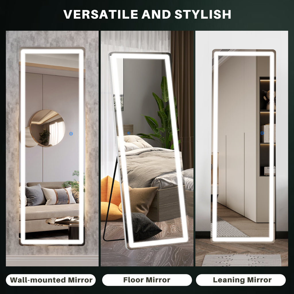 ACCVER 21"x64" Full Length Standing Mirror w/LED Lights - 3 Color Modes, Durable Aluminum Frame & Tempered Glass, Lean-to or Wall Mount for Bedroom/Dressing Room/Living Room, Rectangle