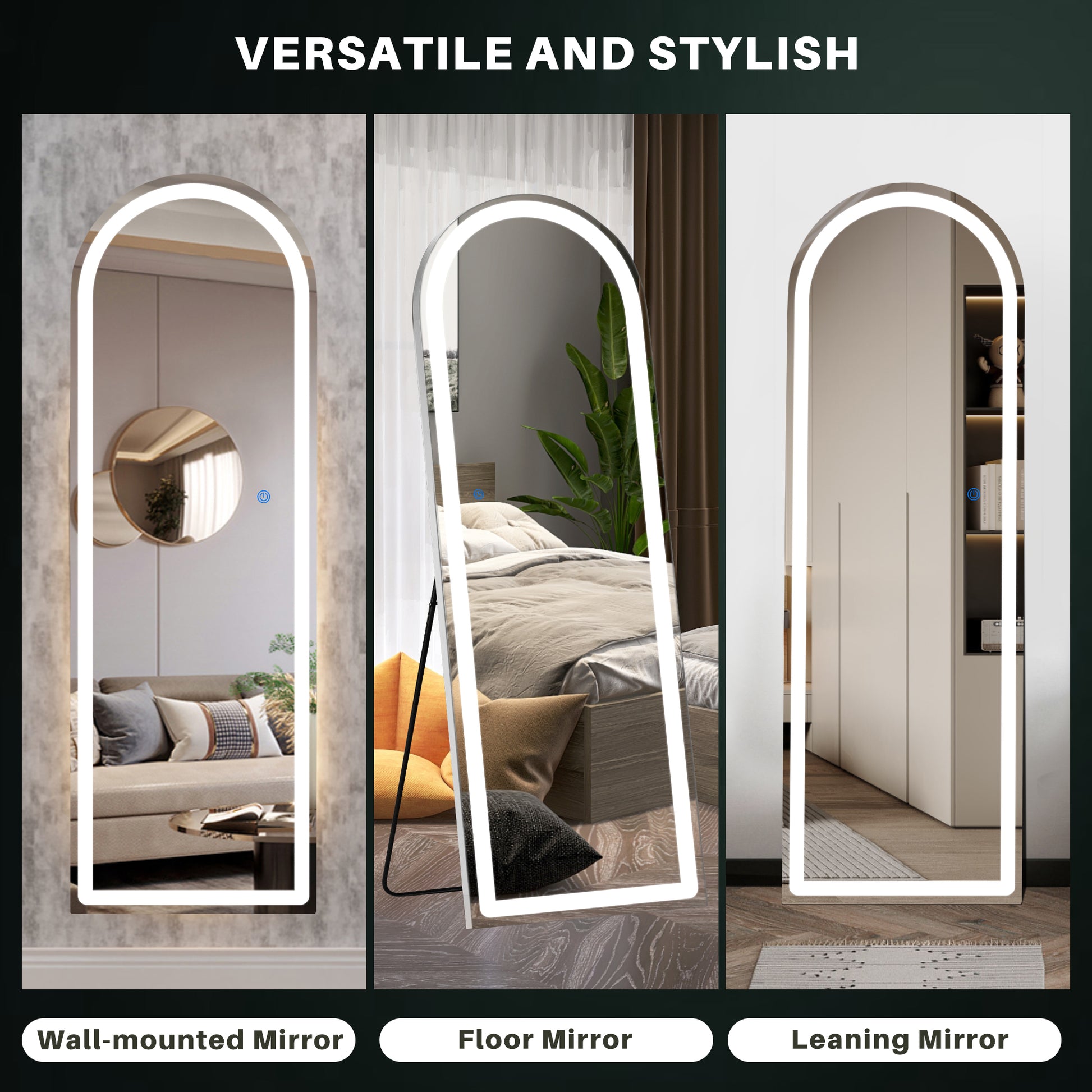 ACCVER 16"x60" Full Length Standing Mirror w/LED Lights - 3 Color Modes, Durable Aluminum Frame & Tempered Glass, Lean-to or Wall Mount for Bedroom/Dressing Room/Living Room, Arched