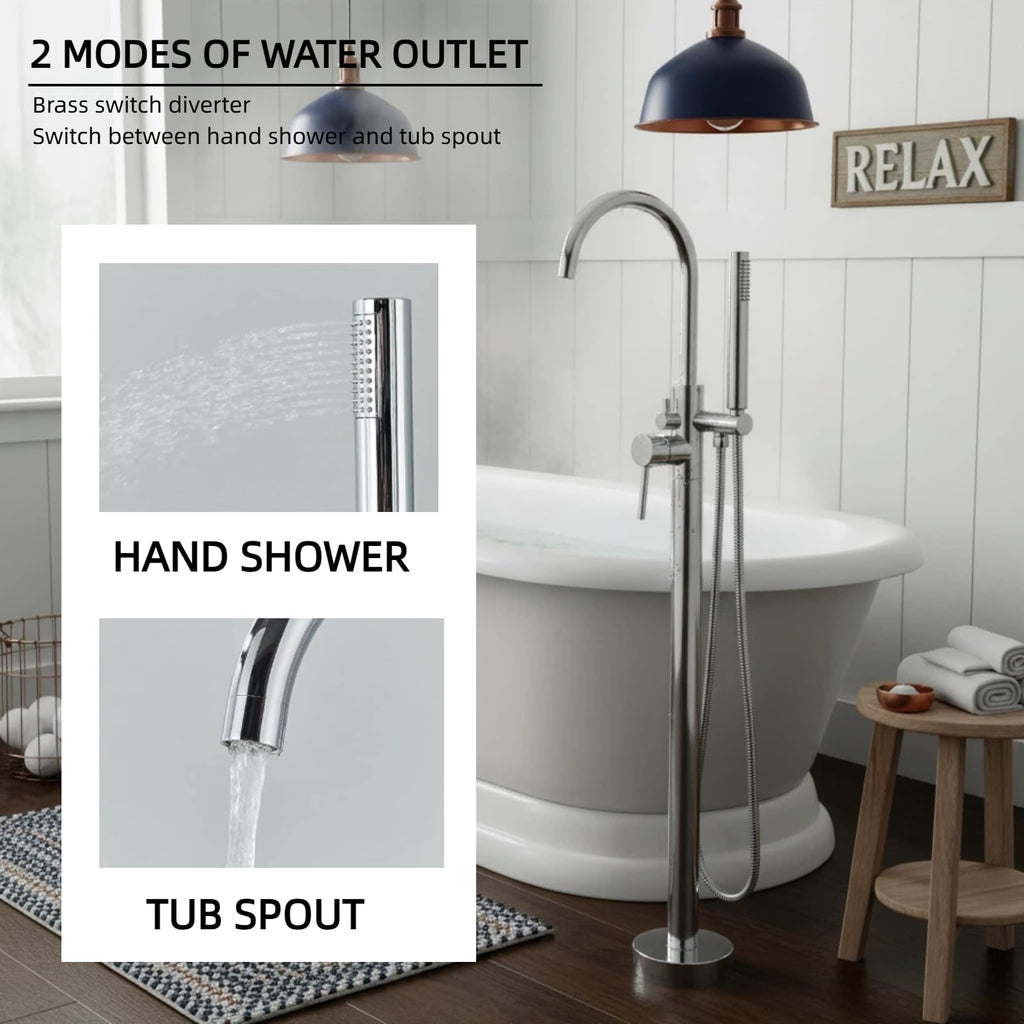 LIFERECORD Floor Mount Freestanding Tub Faucet, Solid Brass Stand Alone Bathtub Filler with 2-Function Hand Shower, 360° Swivel Spout, Rough-In Valve, Anti-Wobble Base, High Flow Mixer Tap
