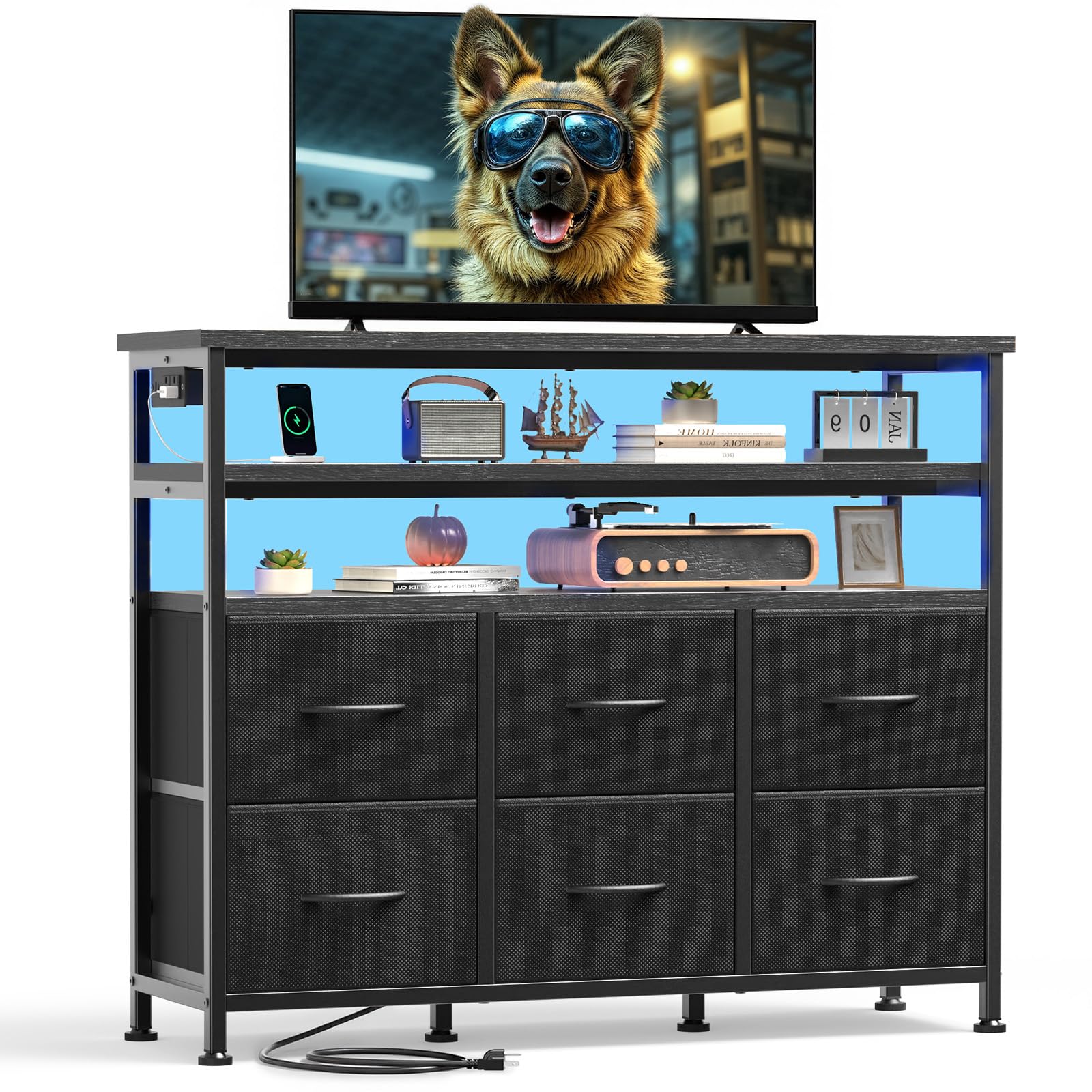 ACCVER 6-Drawer Dresser with Shelves, TV Stand with Fabric Drawers for Living Room, Closet and Chest for Bedroom & Apartment, Clothes Storage Organizer, Black