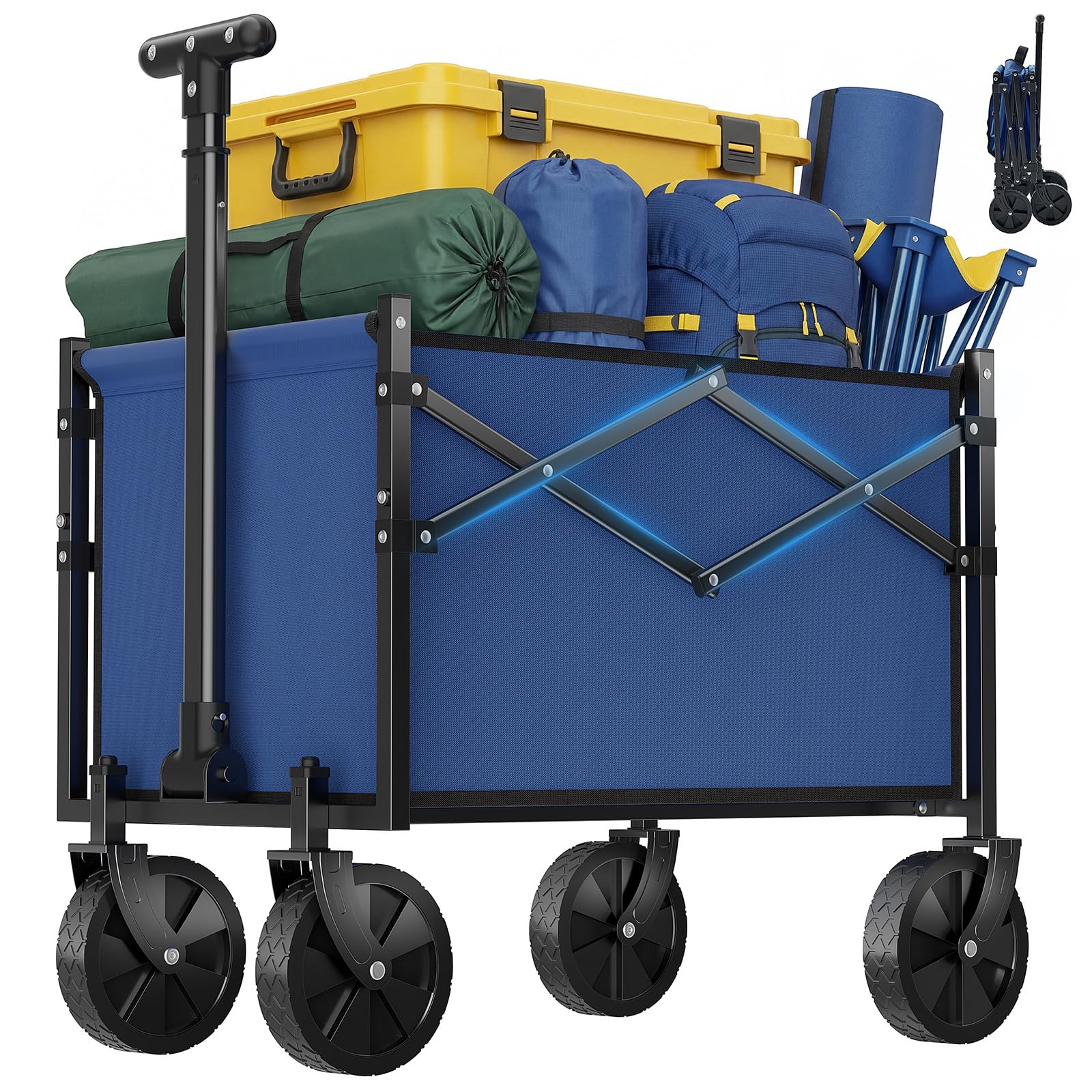 ACCVER Heavy Duty Collapsible Wagon Cart - 220LBS Capacity Folding Utility Cart w/ All-Terrain Wheels, Drink Holders for Camping, Beach, Grocery, Sports (Foldable & Portable),Mini Blue