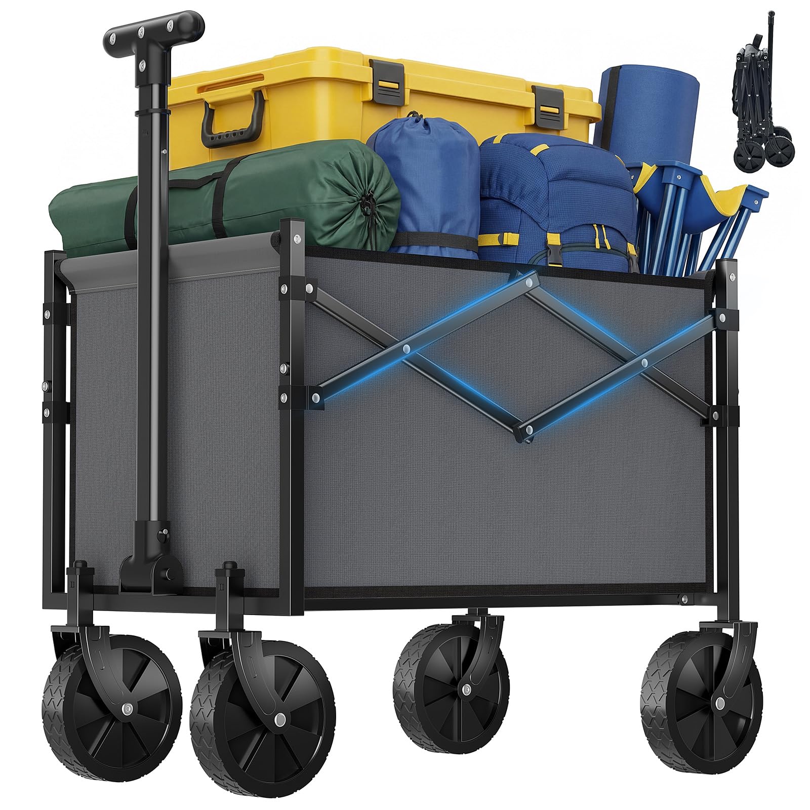 ACCVER Heavy Duty Collapsible Wagon Cart - 220LBS Capacity Folding Utility Cart w/ All-Terrain Wheels, Drink Holders for Camping, Beach, Grocery, Sports (Foldable & Portable),Mini Grey