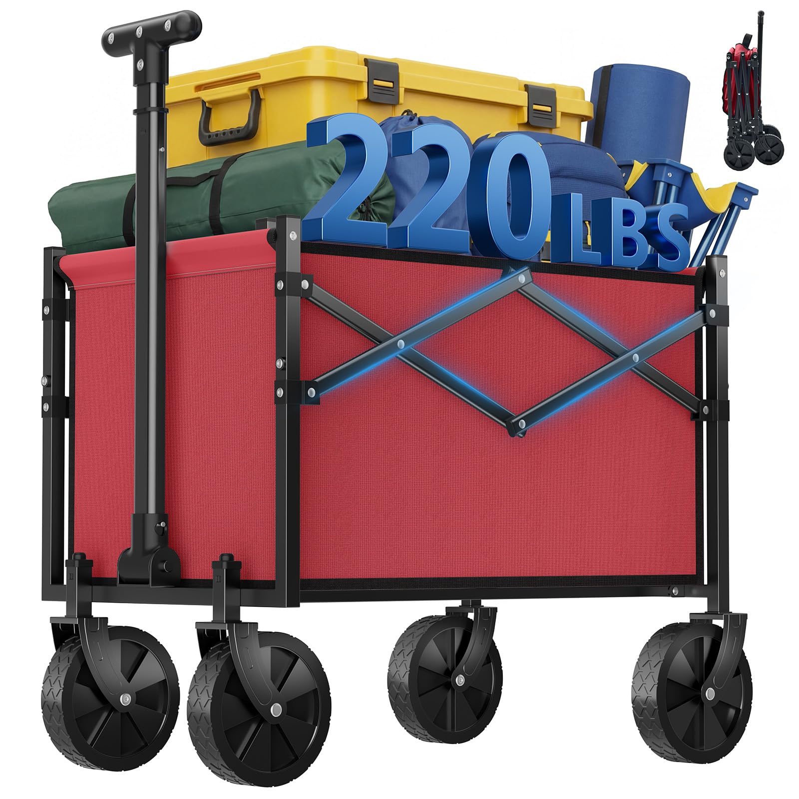 ACCVER Heavy Duty Collapsible Wagon Cart - 220LBS Capacity Folding Utility Cart w/ All-Terrain Wheels, Drink Holders for Camping, Beach, Grocery, Sports (Foldable & Portable),Mini Red