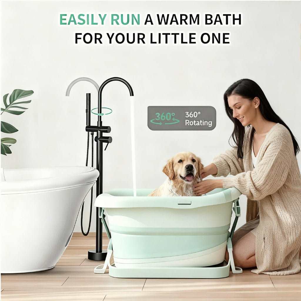 LIFERECORD Floor Mount Freestanding Tub Faucet, Solid Brass Stand Alone Bathtub Filler with 2-Function Hand Shower, 360° Swivel Spout, Rough-In Valve, Anti-Wobble Base, High Flow Mixer Tap