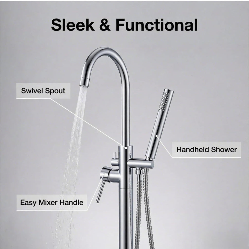 LIFERECORD Floor Mount Freestanding Tub Faucet, Solid Brass Stand Alone Bathtub Filler with 2-Function Hand Shower, 360° Swivel Spout, Rough-In Valve, Anti-Wobble Base, High Flow Mixer Tap