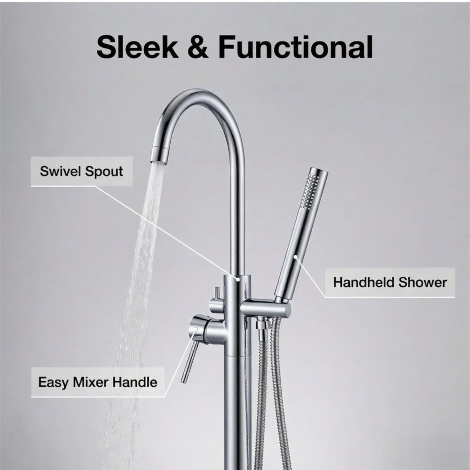 LIFERECORD Floor Mount Freestanding Tub Faucet, Solid Brass Stand Alone Bathtub Filler with 2-Function Hand Shower, 360° Swivel Spout, Rough-In Valve, Anti-Wobble Base, High Flow Mixer Tap