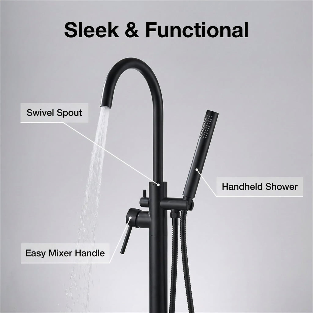 LIFERECORD Floor Mount Freestanding Tub Faucet, Solid Brass Stand Alone Bathtub Filler with 2-Function Hand Shower, 360° Swivel Spout, Rough-In Valve, Anti-Wobble Base, High Flow Mixer Tap